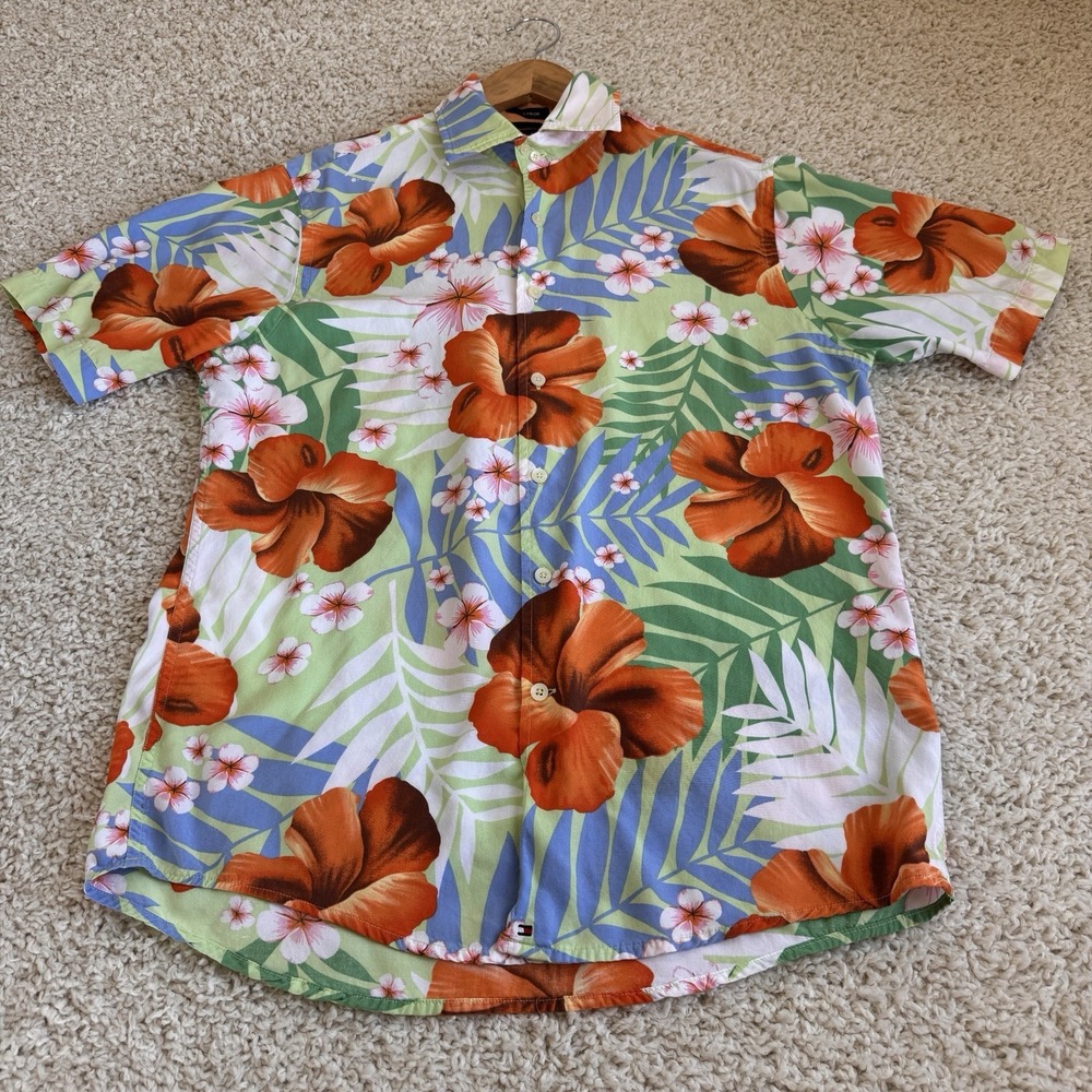 Tommy Hilfiger Button Down Shirt Mens Small Tropical Rayon Floral Hibiscus Good
